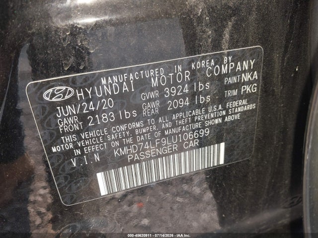 2020 Hyundai Elantra Se მანქანა იყიდება აუქციონზე, vin: KMHD74LF9LU106699, აუქციონის ნომერი: 45620911