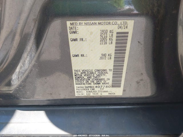 Продажа на аукционе авто 2014 Nissan Altima 2.5/2.5 S/2.5 Sl/2.5 Sv, vin: 1N4AL3AP8EC407780, номер лота: 45620923