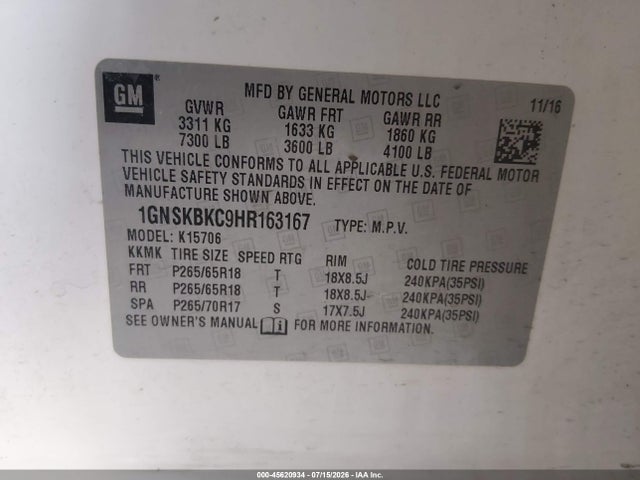 2017 Chevrolet Tahoe Lt მანქანა იყიდება აუქციონზე, vin: 1GNSKBKC9HR163167, აუქციონის ნომერი: 45620934