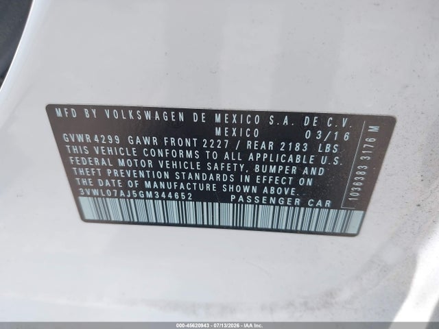45620943 :رقم المزاد ، 3VWL07AJ5GM344652 vin ، 2016 Volkswagen Jetta 1.8t Sel مزاد بيع