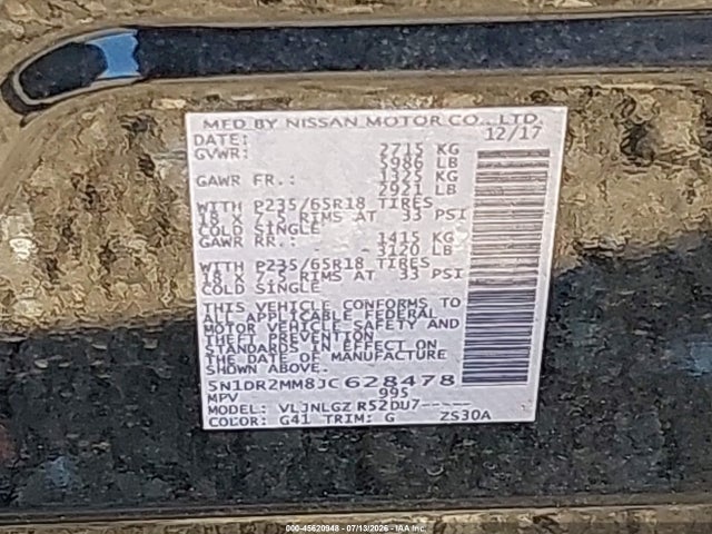 Продажа на аукционе авто 2018 Nissan Pathfinder Sl, vin: 5N1DR2MM8JC628478, номер лота: 45620948