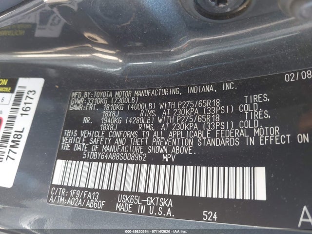 2008 Toyota Sequoia Sr5 5.7l V8 მანქანა იყიდება აუქციონზე, vin: 5TDBY64A88S008962, აუქციონის ნომერი: 45620954