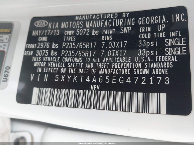 KIA SORENTO LX 2014 5XYKT4A65EG472173 Image 9