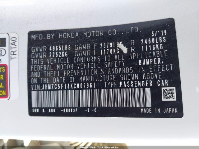 JHMZC5F14KC002961 Honda CLARITY PLUG-IN HYBRID
