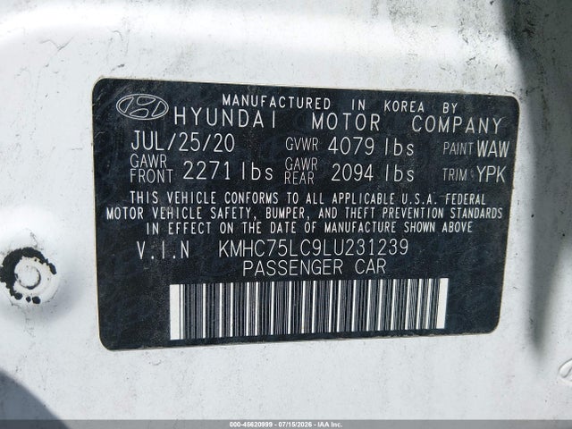 Aukcja sprzedaży 2020 Hyundai Ioniq Hybrid Se, vin: KMHC75LC9LU231239, numer aukcji: 45620999