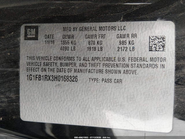 1G1FB1RX3H0168326 Chevrolet Camaro 1lt