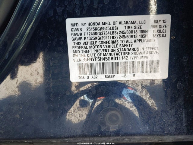 Honda Pilot Ex 2016 5FNYF5H45GB011142 Image 9