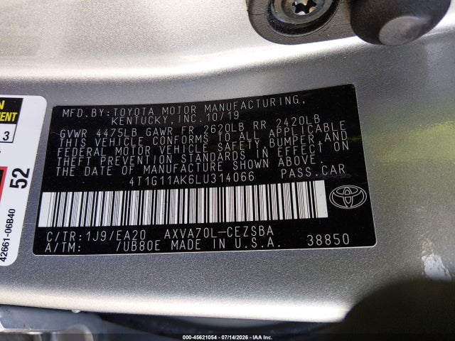 2020 Toyota Camry Se მანქანა იყიდება აუქციონზე, vin: 4T1G11AK6LU314066, აუქციონის ნომერი: 45621054