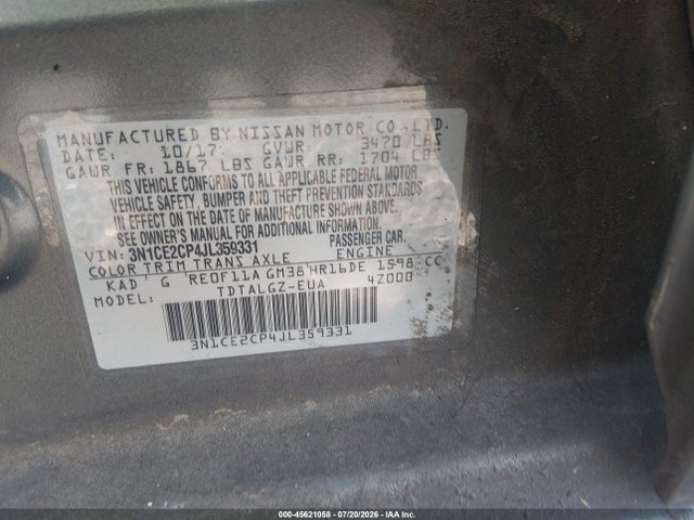 Aukcja sprzedaży 2018 Nissan Versa Note Sr, vin: 3N1CE2CP4JL359331, numer aukcji: 45621058