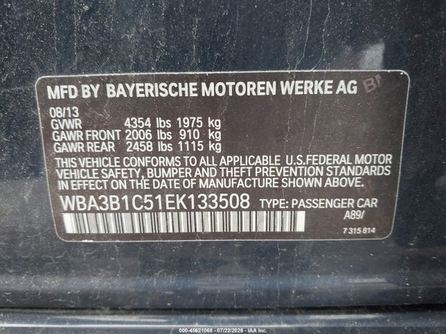 2014 Bmw 320i მანქანა იყიდება აუქციონზე, vin: WBA3B1C51EK133508, აუქციონის ნომერი: 45621068