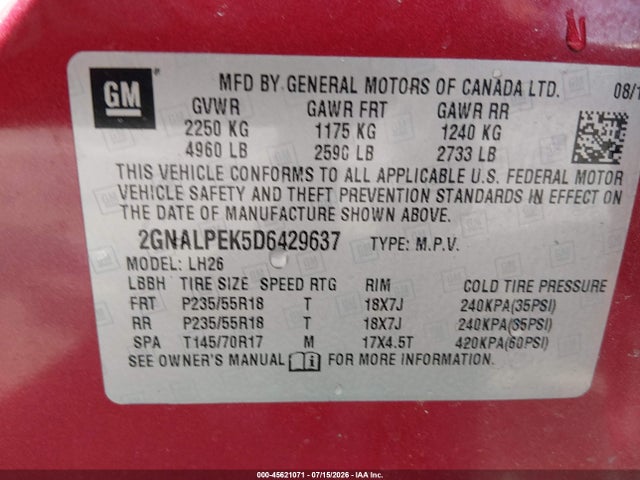 45621071 :رقم المزاد ، 2GNALPEK5D6429637 vin ، 2013 Chevrolet Equinox Lt مزاد بيع
