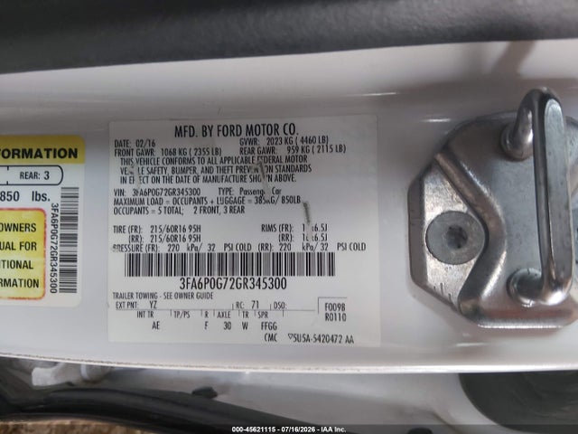 Ford FUSION S 2016 3FA6P0G72GR345300 Image 9