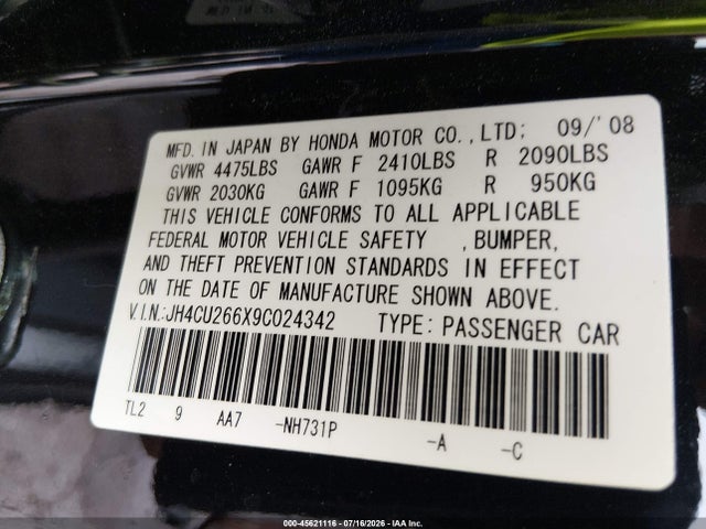 45621116 :رقم المزاد ، JH4CU266X9C024342 vin ، 2009 Acura Tsx مزاد بيع