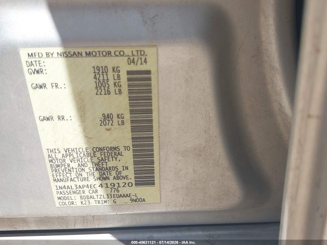 Продажа на аукционе авто 2014 Nissan Altima 2.5 Sv, vin: 1N4AL3AP4EC419120, номер лота: 45621121