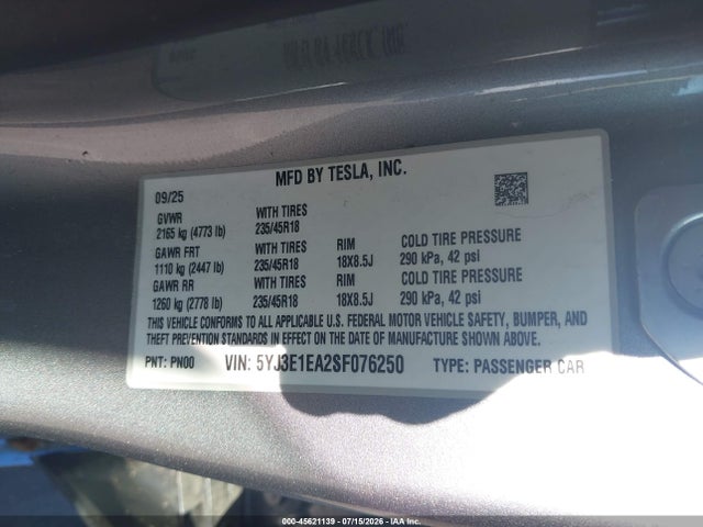 45621139 :رقم المزاد ، 5YJ3E1EA2SF076250 vin ، 2025 Tesla Model 3 Long Range Rear-wheel Drive/standard Rear-wheel Drive مزاد بيع