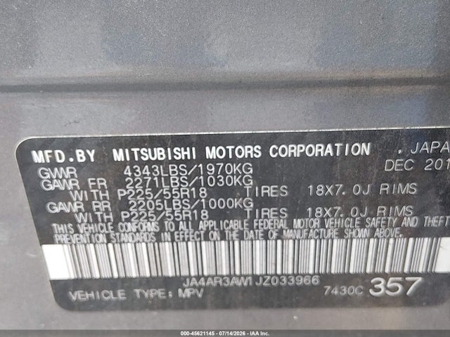 Aukcja sprzedaży 2018 Mitsubishi Outlander Sport 2.4 Se, vin: JA4AR3AW1JZ033966, numer aukcji: 45621145