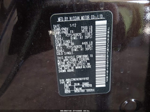 Aukcja sprzedaży 2012 Infiniti Qx56, vin: JN8AZ2NE6C9019182, numer aukcji: 45621148