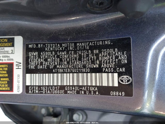 Toyota AVALON XLE 2016 4T1BK1EB7GU211830 Image 9