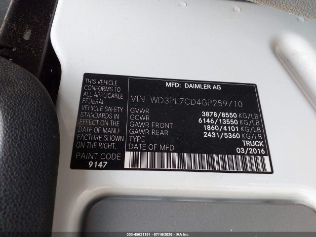 Продажа на аукционе авто 2016 Mercedes-benz Sprinter 2500 Normal Roof, vin: WD3PE7CD4GP259710, номер лота: 45621191
