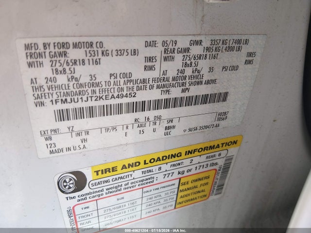 1FMJU1JT2KEA49452 Ford Expedition Xlt