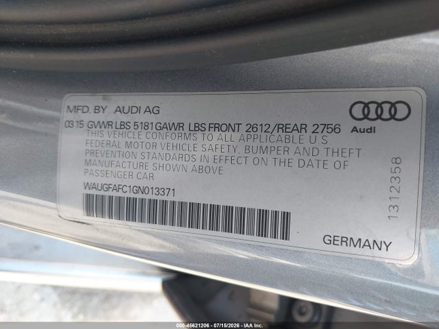 45621206 :رقم المزاد ، WAUGFAFC1GN013371 vin ، 2016 Audi A6 2.0t Premium Plus مزاد بيع
