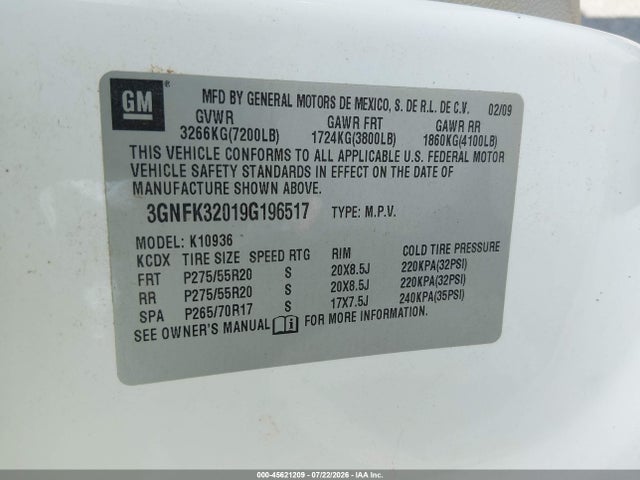 Продаж на аукціоні авто 2009 Chevrolet Avalanche 1500 Ltz, vin: 3GNFK32019G196517, номер лоту: 45621209