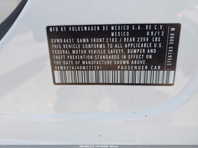 2013 Volkswagen Jetta Hybrid Sel მანქანა იყიდება აუქციონზე, vin: 3VW637AJ4DM231291, აუქციონის ნომერი: 45621219