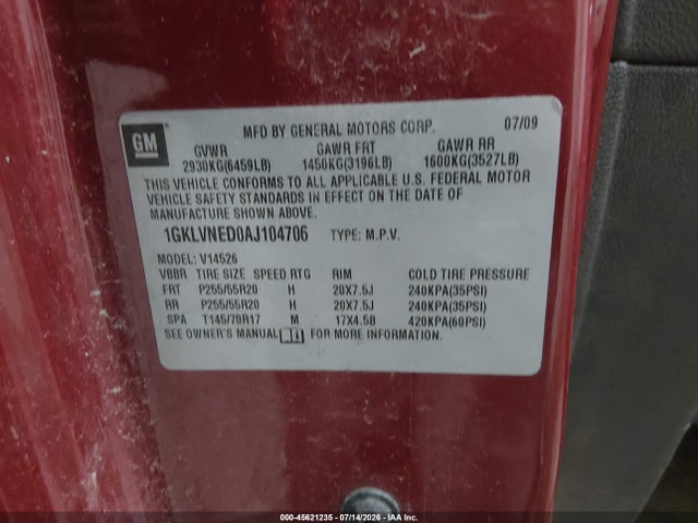 Продаж на аукціоні авто 2010 Gmc Acadia Slt-2, vin: 1GKLVNED0AJ104706, номер лоту: 45621235