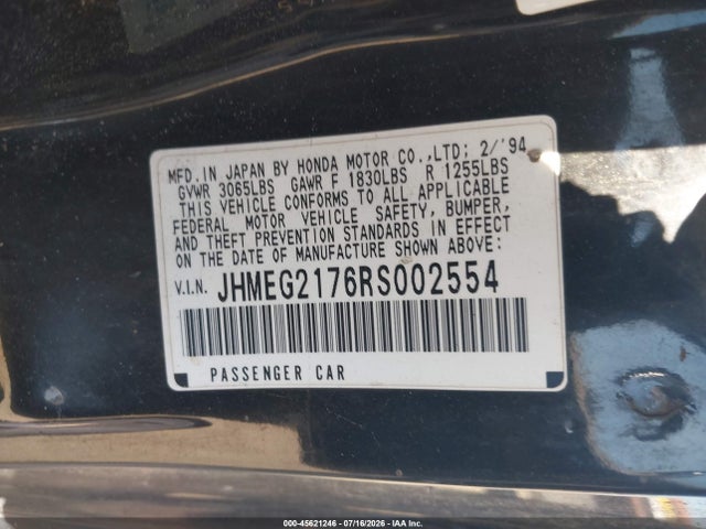 1994 Honda Civic Del Sol მანქანა იყიდება აუქციონზე, vin: JHMEG2176RS002554, აუქციონის ნომერი: 45621246