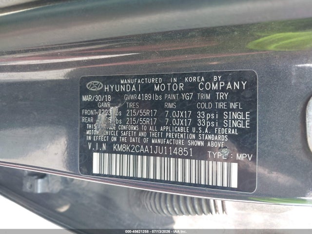 Aukcja sprzedaży 2018 Hyundai Kona Sel, vin: KM8K2CAA1JU114851, numer aukcji: 45621258