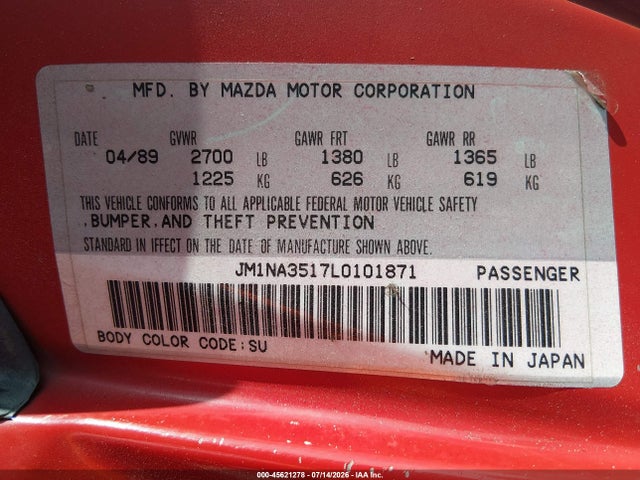 Продажа на аукционе авто 1990 Mazda Mx-5 Miata, vin: JM1NA3517L0101871, номер лота: 45621278