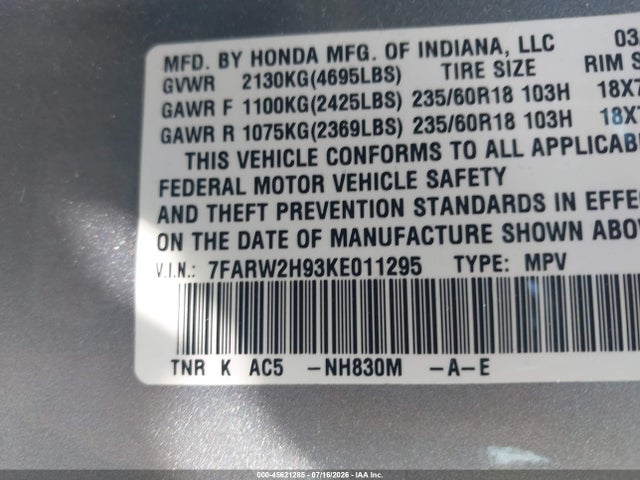 45621285 :رقم المزاد ، 7FARW2H93KE011295 vin ، 2019 Honda Cr-v Touring مزاد بيع