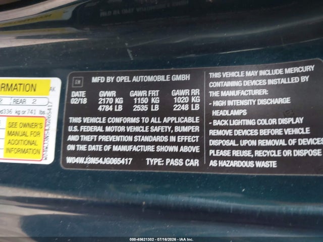 Продаж на аукціоні авто 2018 Buick Cascada Sport Touring, vin: W04WJ3N54JG065417, номер лоту: 45621302