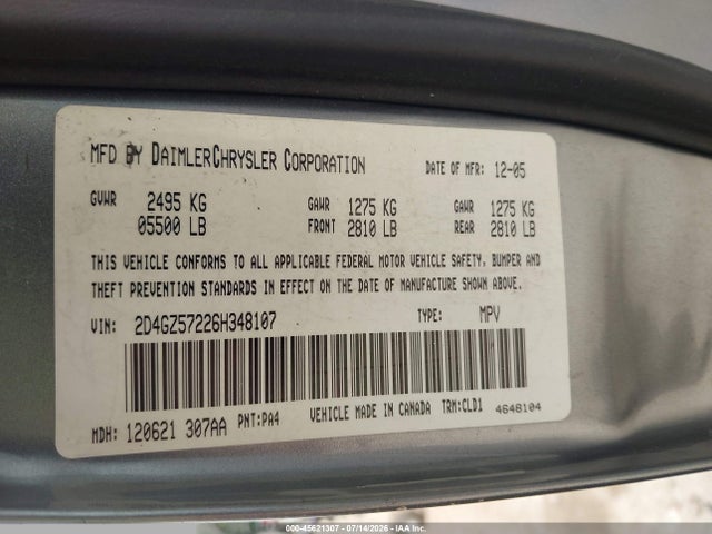45621307 :رقم المزاد ، 2D4GZ57226H348107 vin ، 2006 Dodge Magnum Rt مزاد بيع