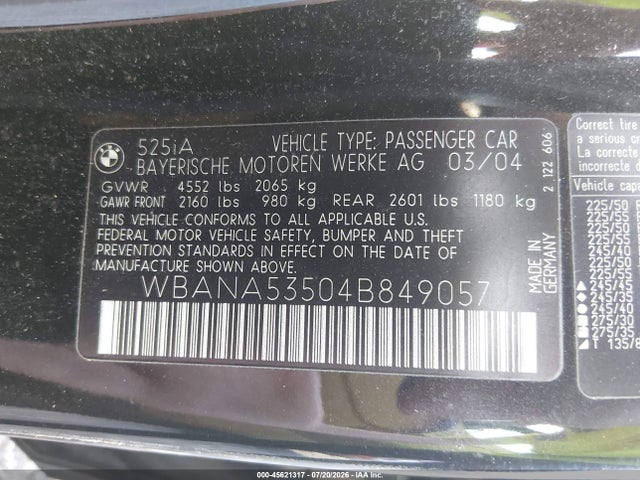 45621317 :رقم المزاد ، WBANA53504B849057 vin ، 2004 Bmw 525i مزاد بيع