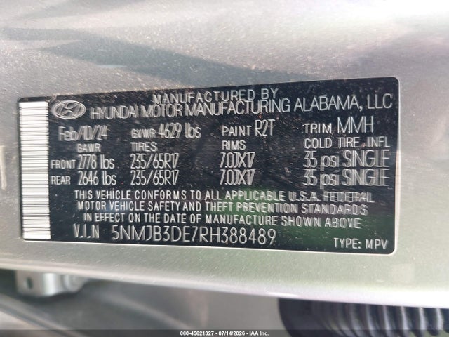 45621327 :رقم المزاد ، 5NMJB3DE7RH388489 vin ، 2024 Hyundai Tucson Sel مزاد بيع