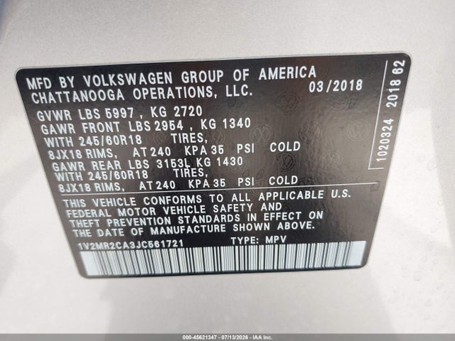 1V2MR2CA3JC561721 Volkswagen Atlas 3.6l V6 Sel