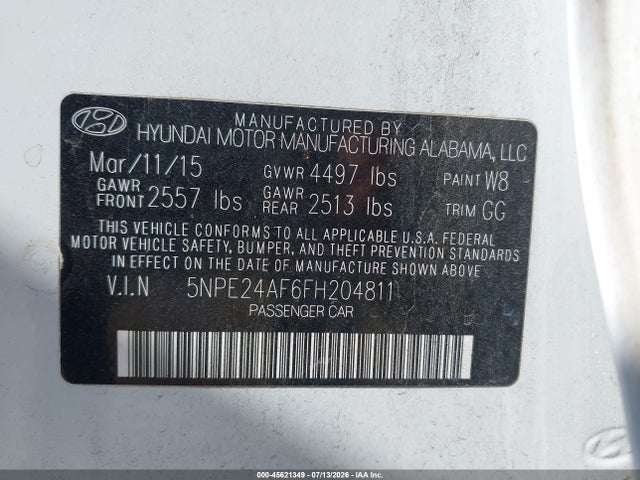 Продаж на аукціоні авто 2015 Hyundai Sonata Se, vin: 5NPE24AF6FH204811, номер лоту: 45621349