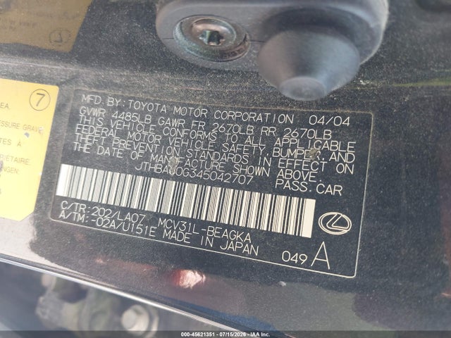 2004 Lexus Es 330 მანქანა იყიდება აუქციონზე, vin: JTHBA30G345042707, აუქციონის ნომერი: 45621351