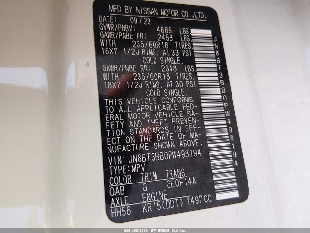 JN8BT3BB0PW498194 Nissan Rogue Sv Intelligent Awd