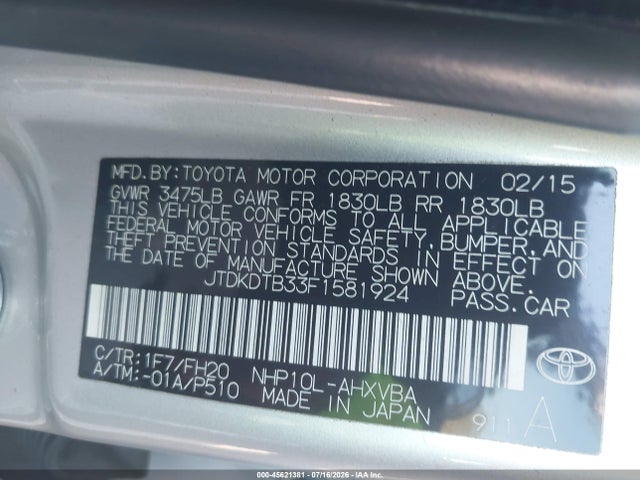 Toyota Prius C One 2015 JTDKDTB33F1581924 Image 9