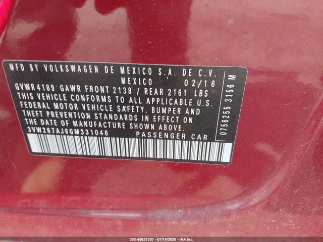 Aukcja sprzedaży 2016 Volkswagen Jetta 1.4t S, vin: 3VW267AJ6GM331046, numer aukcji: 45621397