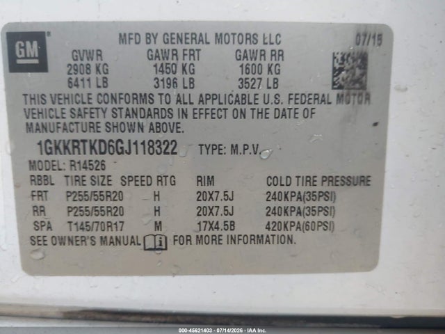 45621403 :رقم المزاد ، 1GKKRTKD6GJ118322 vin ، 2016 Gmc Acadia Denali مزاد بيع
