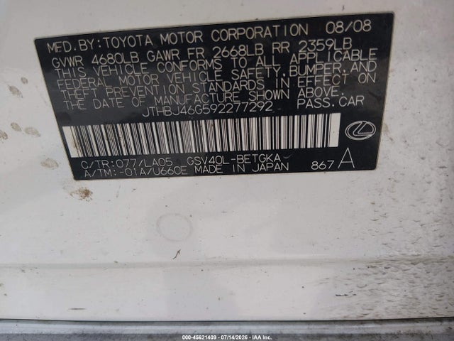 Продажа на аукционе авто 2009 Lexus Es 350, vin: JTHBJ46G592277292, номер лота: 45621409