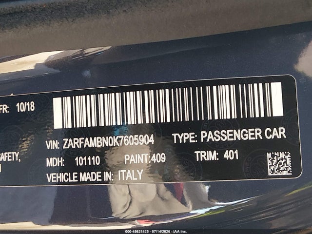 ZARFAMBN0K7605904 Alfa Romeo Giulia Ti Sport Rwd
