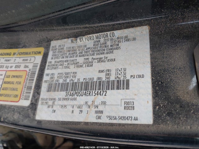 2014 Ford Fusion Energi Titanium მანქანა იყიდება აუქციონზე, vin: 3FA6P0SU4ER154472, აუქციონის ნომერი: 45621439