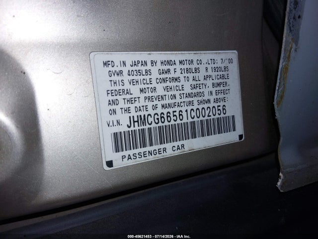 Aukcja sprzedaży 2001 Honda Accord 2.3 Lx, vin: JHMCG66561C002056, numer aukcji: 45621453