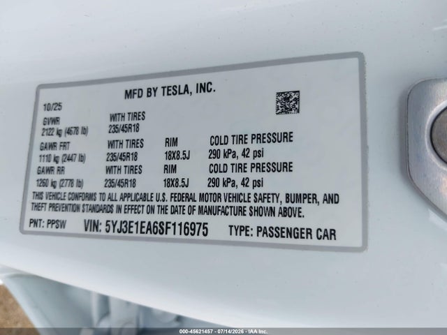 Продаж на аукціоні авто 2025 Tesla Model 3 Long Range Rear-wheel Drive/standard Rear-wheel Drive, vin: 5YJ3E1EA6SF116975, номер лоту: 45621457