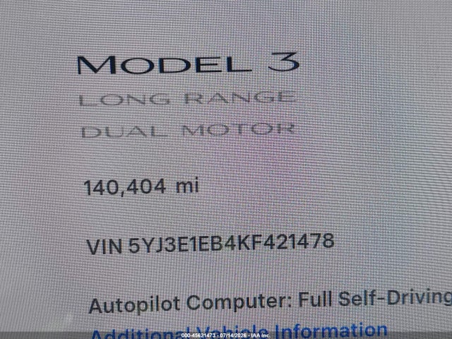 Продажа на аукционе авто 2019 Tesla Model 3 Long Range/performance, vin: 5YJ3E1EB4KF421478, номер лота: 45621473