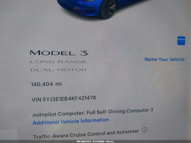 Продажа на аукционе авто 2019 Tesla Model 3 Long Range/performance, vin: 5YJ3E1EB4KF421478, номер лота: 45621473